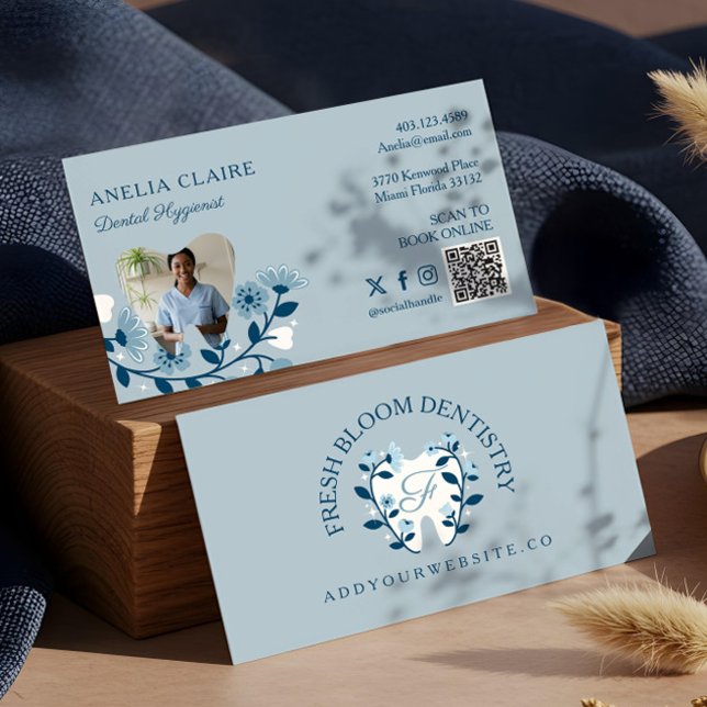 Carte De Visite Logo de dent à monogramme floral élégant (Elegant Floral Blooming Dental Tooth Logo Monogram Business Card)
