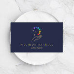 Carte De Visite Logo de guérison Reiki, Massage Thérapie Bleu fonc<br><div class="desc">Ce design carte de visite épuré et simple présente un logo minimaliste d'une main en faux or tenant des cercles colorés pour représenter les chakras et les étoiles pour représenter l'énergie. Créé pour une variété de professions dans les arts de la guérison. Cette carte recto-verso vous permet d'avoir suffisamment d'espace...</div>