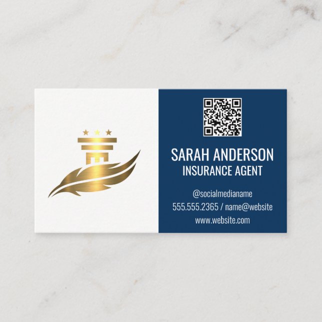 Carte De Visite Logo de la plume du pilier or | Code d'analyse QR (Devant)