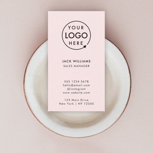 Carte De Visite Logo de la société | Blush Pink Modern Vertical St (Create a sleek professional branded look with this vertical pink business card design.)