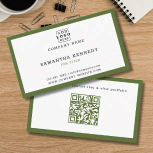 Carte De Visite Logo de la société de code QR à bordure vert olive