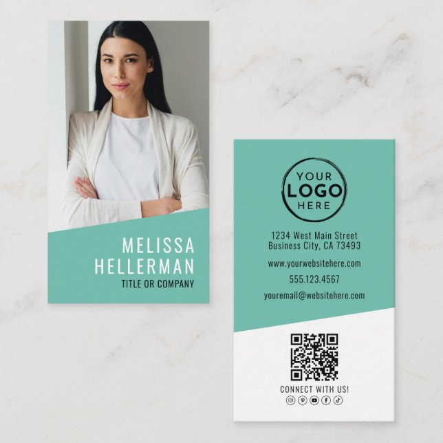 Carte De Visite Logo de la société de code QR photo vertical (Devant / Derrière)