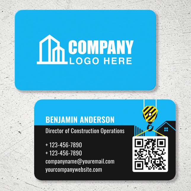 Carte De Visite Logo de la société de construction QR Code bleu (Créateur téléchargé)