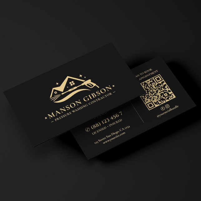 Carte De Visite Logo de la société moderne de lavage sous pression (Modern Pressure Washing Company Logo Black QR Code Business Card)