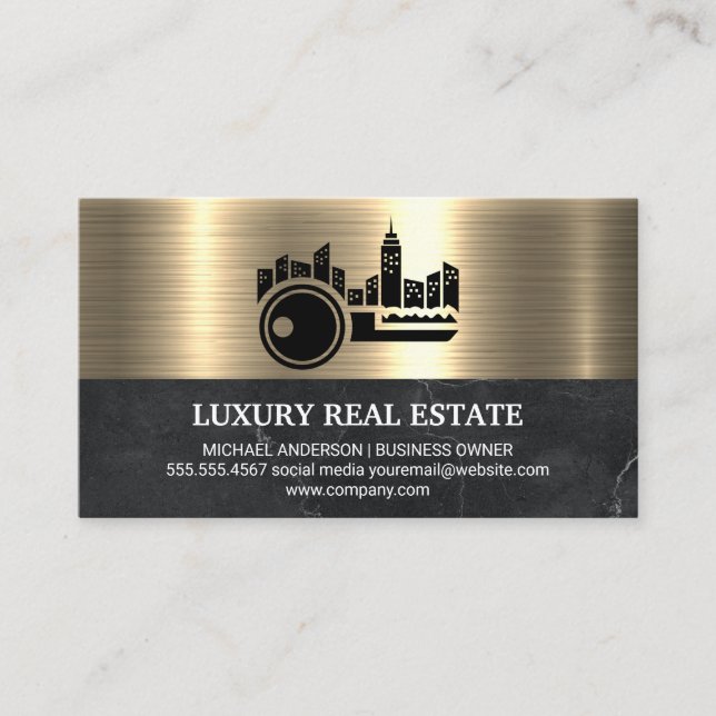Carte De Visite Logo de la ville clé Marbre métal or (Devant)