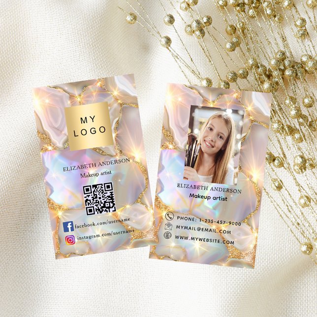 Carte De Visite Logo de l'agate opale beige photo Code Qr médias s (Créateur téléchargé)