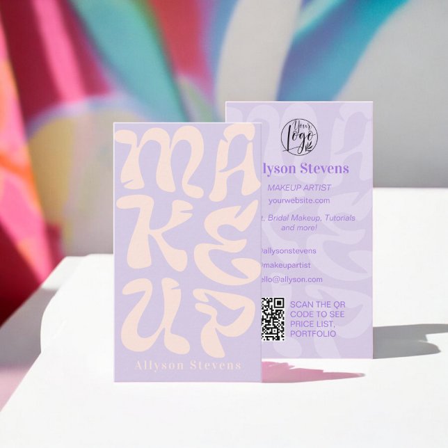 Carte De Visite Logo de lavande rétro super code qr Maquillage (Groovy retro lavender logo qr code Makeup Business Card)