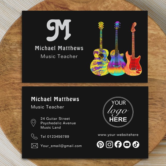 Carte De Visite Logo de l'enseignant de guitare de musique et médi (Modern guitar music teacher professional musician logo social media black Business card retro groovy)