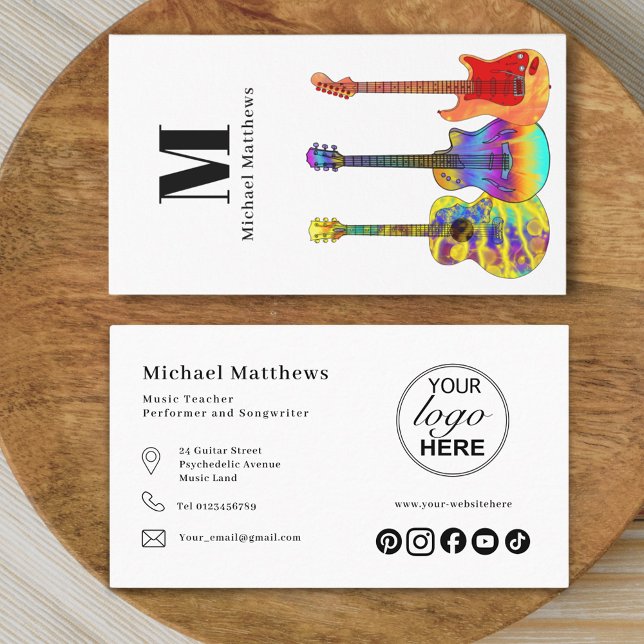 Carte De Visite Logo de l'enseignant de guitare et médias sociaux  (Modern guitar music tutor professional musician logo social media Business card)