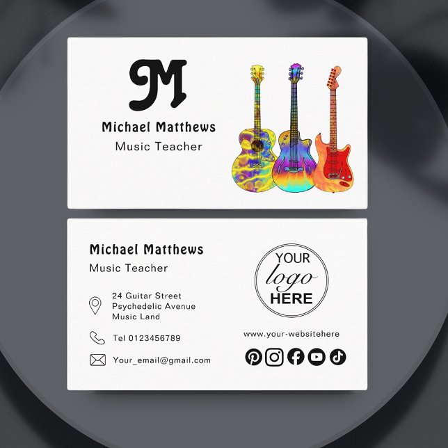 Carte De Visite Logo de l'enseignant de musique guitare et médias  (Retro guitar music teacher custom logo business card)