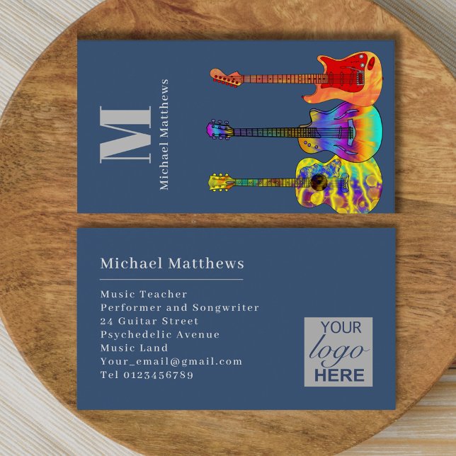 Carte De Visite Logo de l'enseignant de musique guitare Modèle per (Guitar teacher custom logo business card with modern colorful guitar illustrations and monogram)