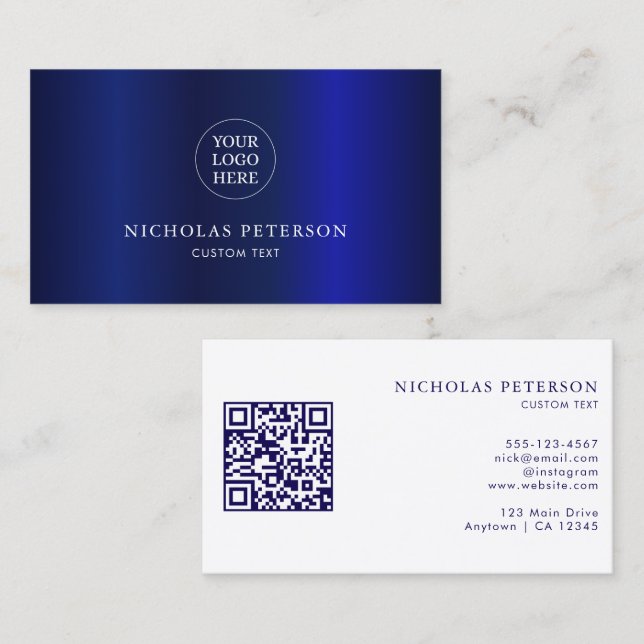 Carte De Visite Logo de l'entreprise avec code QR Navy Blue Metall (Devant / Derrière)