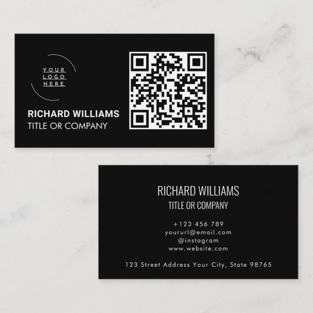 Carte De Visite Logo de l'entreprise avec code QR | Noir Moderne P (Devant / Derrière)