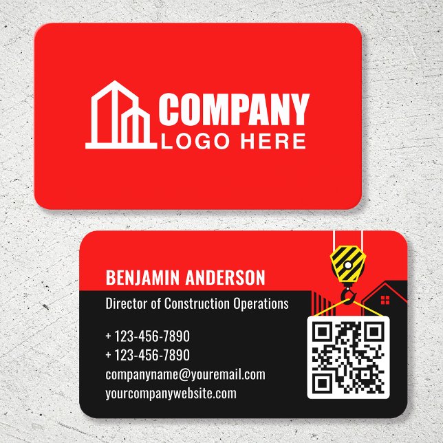 Carte De Visite Logo de l'entreprise de construction QR Code rouge (Créateur téléchargé)