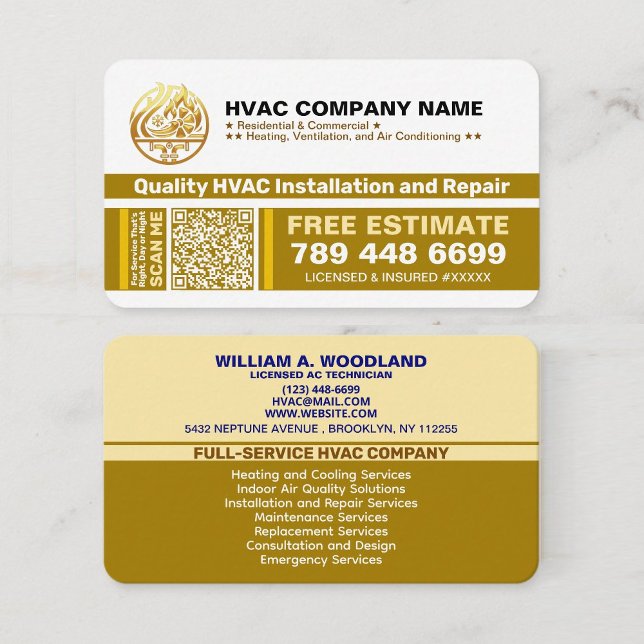 Carte De Visite Logo de l'entreprise de CVC, slogans et code QR |  (company elegant heating and cooling cards with custom logo luxury business card, air conditioning)