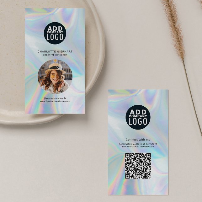 Carte De Visite Logo de l'entreprise holographique Code QR Photo d (Holographic Corporate Logo with QR Code and Circle Photo Business Card)