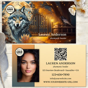 Carte De Visite Logo de loup de Pleine lune QR Code Shaman