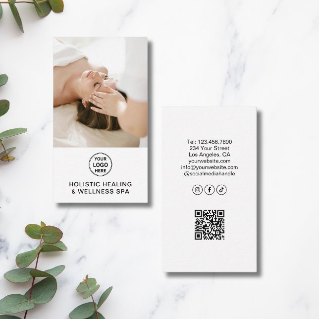 Carte De Visite Logo de l'thérapeute de santé holistique QR Code B (Holistic Health Therapist Logo QR Code White Business Card)