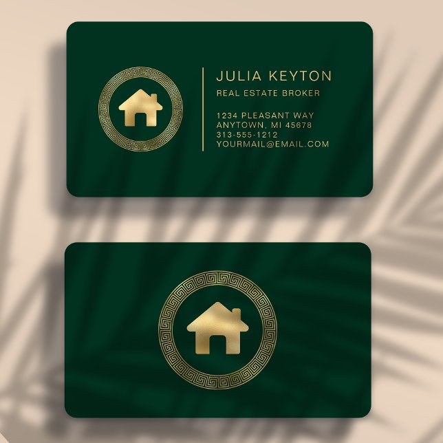 Carte De Visite Logo de maison immobilière vert or arrondi (Créateur téléchargé)
