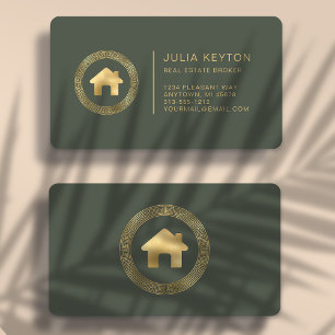 Carte De Visite Logo de maison immobilière Vert Sauge Or Arrondi