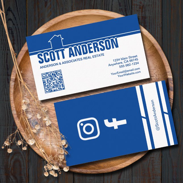 Carte De Visite Logo de maison moderne Code QR des médias sociaux  (Home logo QR Code social media blue-white business cards - real estate, cleaning, construction)