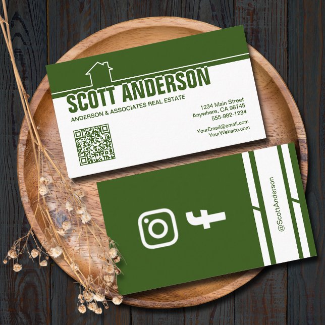 Carte De Visite Logo de maison moderne Code QR des médias sociaux  (Home logo QR Code social media green-white business cards - real estate, cleaning, construction)