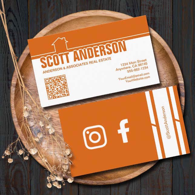 Carte De Visite Logo de maison moderne Code QR des médias sociaux  (Home logo QR Code social media orange-white business cards - real estate, cleaning, construction)