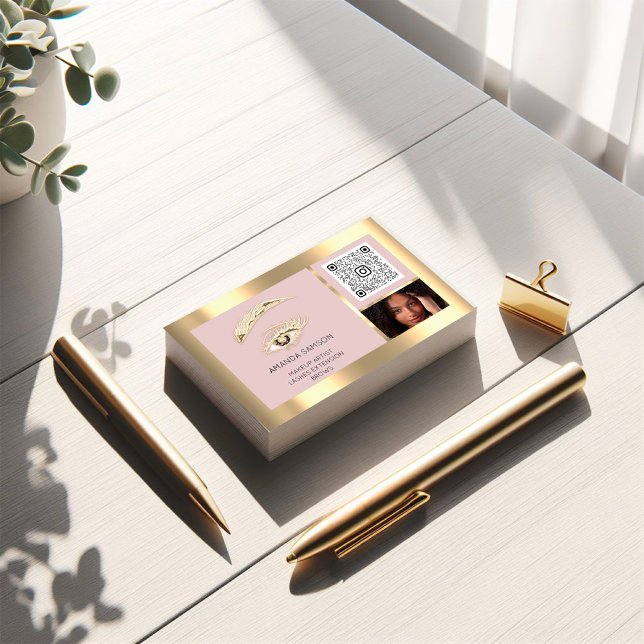 Carte De Visite Logo de maquillage Brown de l'Eyelash Brow Qr Code (Brown Eyelash Brow Makeup Logo Qr Code Rose Foto Business Card)