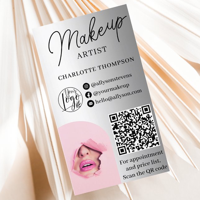 Carte De Visite Logo de maquillage de feuille d'argent Qr code 2 p (Silver foil makeup logo Qr code 2 photos Business Card)