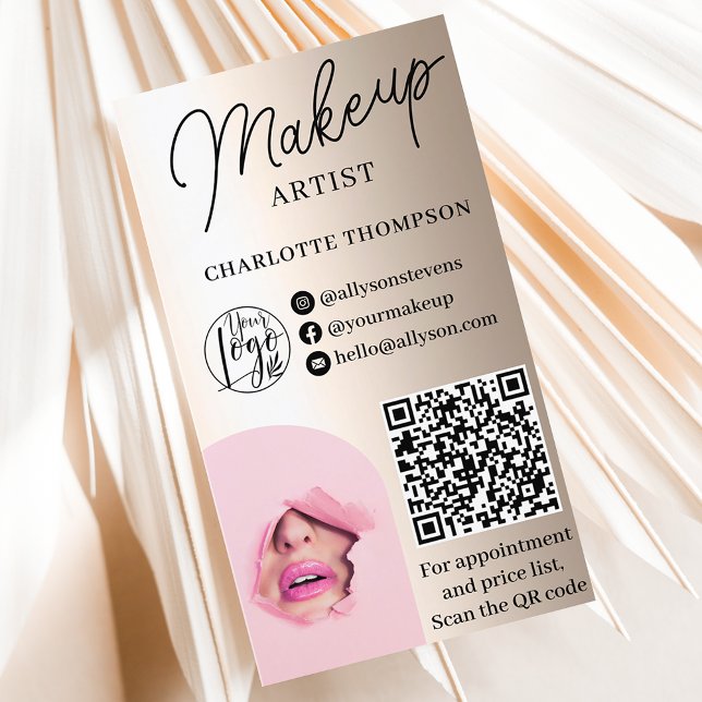 Carte De Visite Logo de maquillage en feuille d'or Qr code 2 photo (Gold foil makeup logo Qr code 2 photos Business Card)