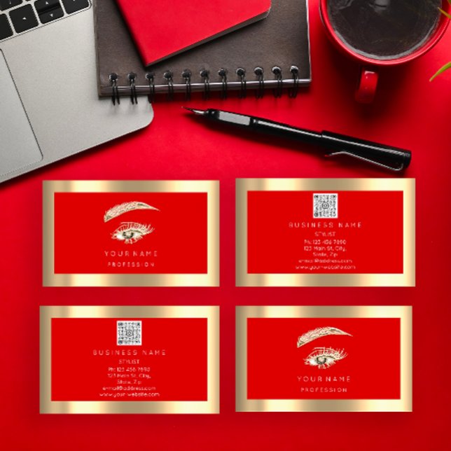 Carte De Visite Logo de maquillage Eyelash Brow Qr Code Rouge Or e (Eyelash Brow Makeup Logo Qr Code Red Gold Framed Business Card)