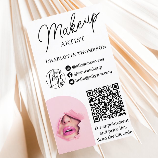 Carte De Visite Logo de maquillage moderne Qr code 2 photos (Modern makeup logo Qr code 2 photos Business Card)