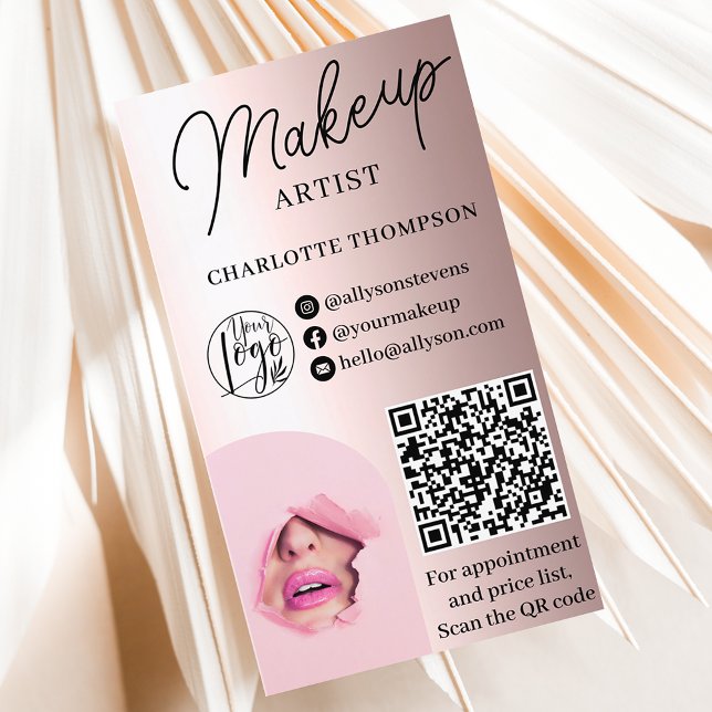 Carte De Visite Logo de maquillage rose en feuille d'or code Qr 2  (Rose Gold foil makeup logo Qr code 2 photos Business Card)