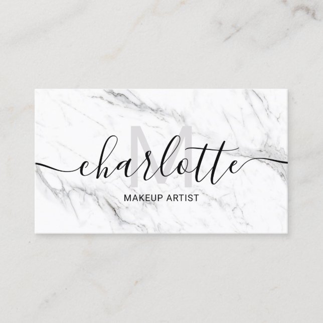 Carte De Visite Logo de maquillage simple et chic en marbre blanc (Devant)