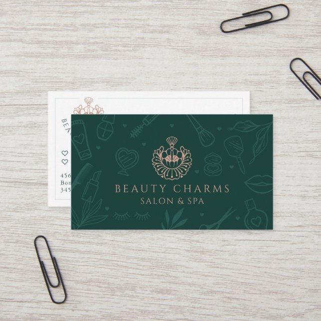 Carte De Visite Logo de maquillage vert et rose de luxe Beauty Cha (Devant/Arrière en situation)