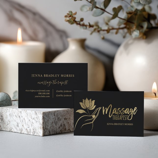 Carte De Visite Logo de massothérapeute moderne Black and Gold Foi (Modern Black and Gold Foil Massage Therapist Logo Business Card)