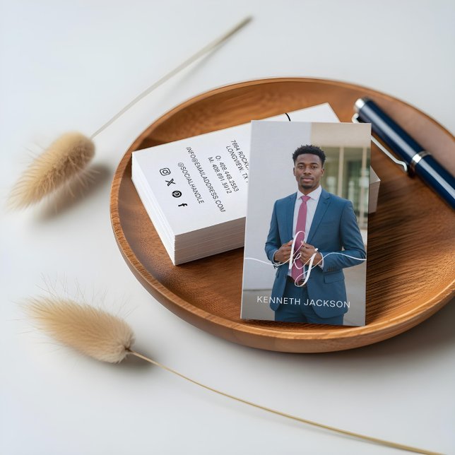 Carte De Visite Logo de monogramme calligraphié Elegant Script & P (Elegant Script Calligraphy Monogram Logo & Photo Business Card)