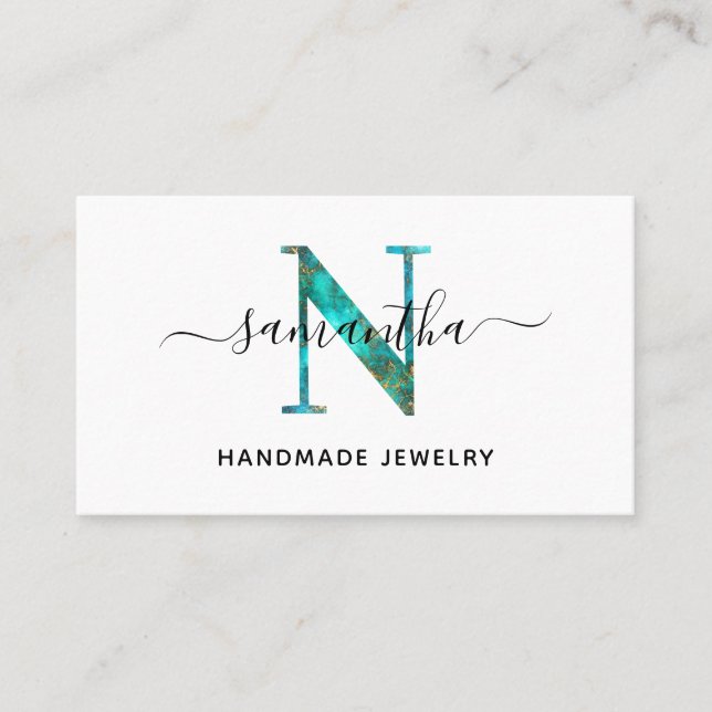 Carte De Visite Logo de monogramme N élégant turquoise or (Devant)