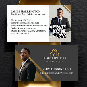 Carte De Visite Logo de photo d'agent immobilier Luxe Or et Gris