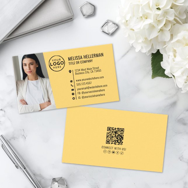 Carte De Visite Logo de photo de code QR jaune professionnel (Professional Yellow QR Code Photo Logo Business Card )