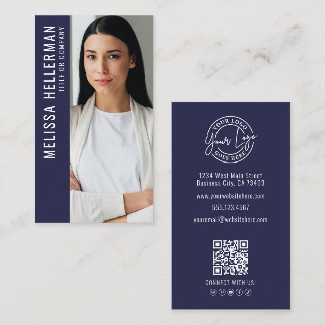 Carte De Visite Logo de photo de code QR professionnel bleu marine (Devant / Derrière)