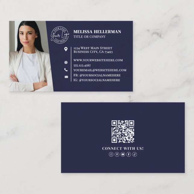 Carte De Visite Logo de photo de code QR professionnel bleu marine (Devant / Derrière)