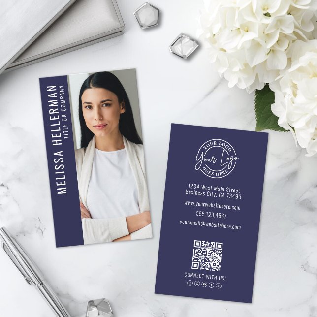 Carte De Visite Logo de photo de code QR professionnel bleu marine (Modern Navy Blue Professional QR Code Photo Logo Business Card )