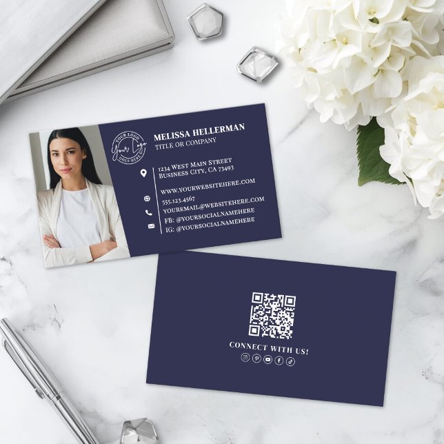 Carte De Visite Logo de photo de code QR professionnel bleu marine (Navy Blue Professional QR Code Photo Logo Business Card )