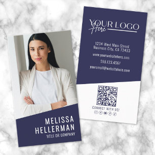 Carte De Visite Logo de photo de code QR professionnel bleu marine