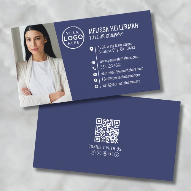 Carte De Visite Logo de photo de code QR professionnel bleu marine (Modern Navy Blue Professional QR Code Photo Logo Business Card)