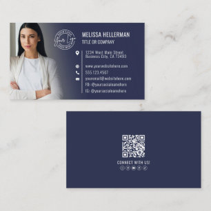 Carte De Visite Logo de photo de code QR professionnel bleu marine