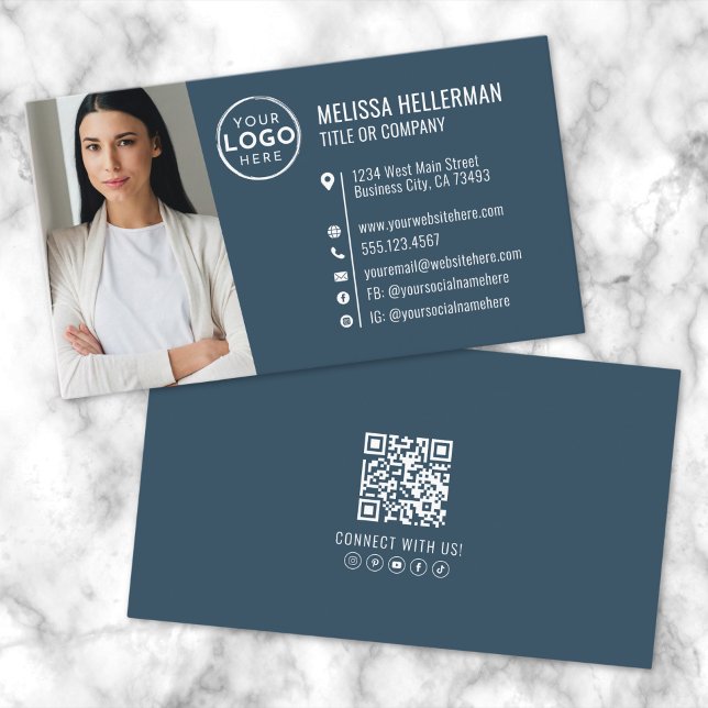 Carte De Visite Logo de photo de code QR professionnel bleu modern (Modern Blue Professional QR Code Photo Logo Business Card)
