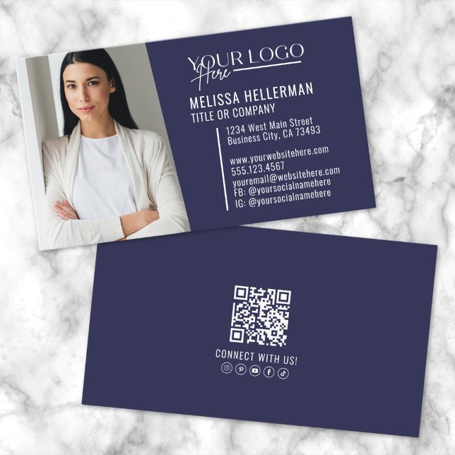 Carte De Visite Logo de photo de code QR professionnel moderne ble (Navy Blue Modern Professional QR Code Photo Logo Business Card )