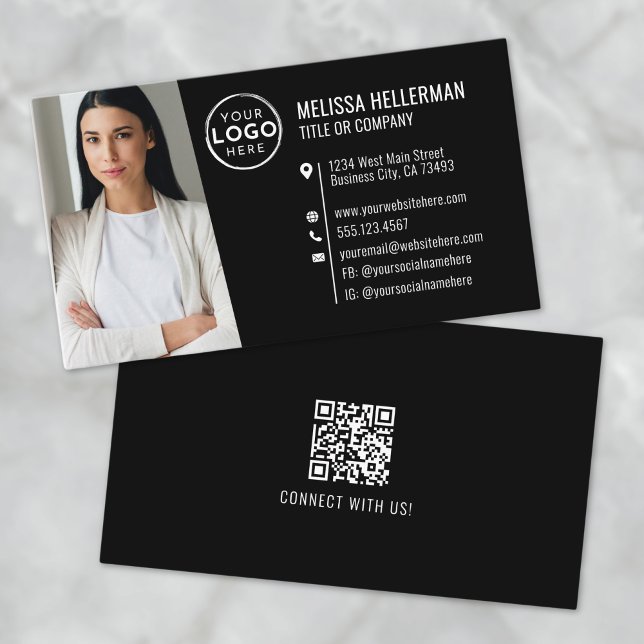 Carte De Visite Logo de photo de code QR professionnel moderne noi (Black Modern Professional QR Code Photo Logo Business Card)